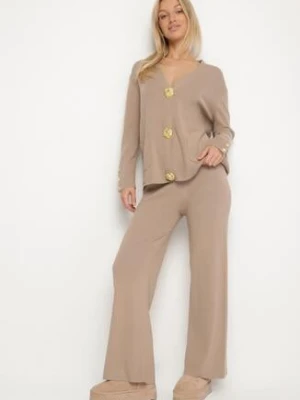 Beżowy Komplet Dzianinowy z Wiskozą Kardigan i Szerokie Spodnie Badire unigirl
