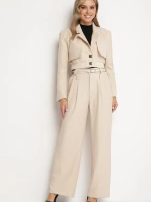 Beżowy Komplet Garniturowy Marynarka ze Ściągaczem i Szerokie Spodnie z Dwoma Paskami Riliona