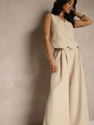 Beżowy Komplet Garniturowy z Kamizelką i Spodniami o Szerokim Kroju Ravirana new collection