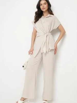 Beżowy Komplet Koszula z Asymetrycznym Wiązaniem i Szerokie Spodnie Filivara allyson