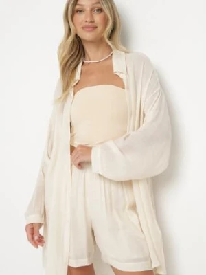 Beżowy Komplet Koszula z Długim Rękawem Szorty Tordia