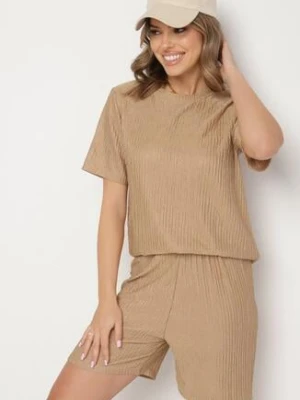 Beżowy Komplet Koszulka i Szorty z Tłoczonym Wzorem Halinnaia yu & me