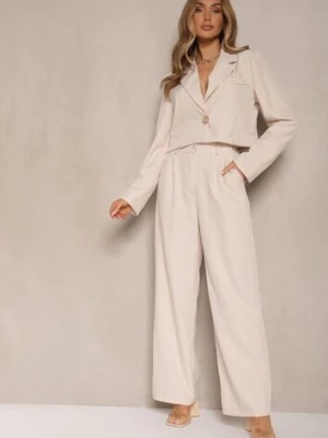 Beżowy Komplet o Garniturowym Kroju ze Spodniami i Marynarką z Broszką Ravkio allyson