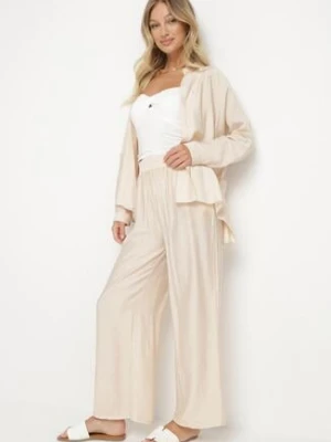 Beżowy Komplet o Kroju Oversize Koszula i Spodnie Ulosarenia h&s