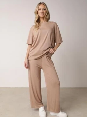 Beżowy Komplet Oversize z Cyrkoniami T-shirt i Spodnie Arnatea ambitionfly