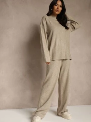 Beżowy Komplet Oversize z Dzianiny z Wełną Sweter i Szerokie Spodnie Alenria