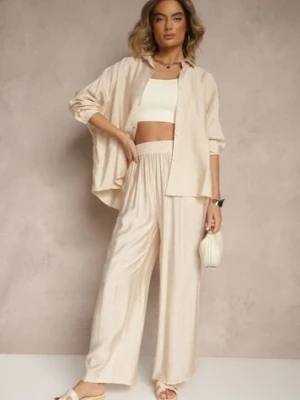 Beżowy Komplet Oversize z Koszulą i Spodniami Ulonelia h&s