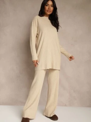Beżowy Komplet Prążkowany z Bawełną Sweter Oversize i Szerokie Spodnie Wedorena