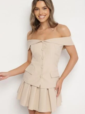 Beżowy Komplet Spódnica i Bluzka Hiszpanka z Guzikami i Imitacją Kieszeni Salendrea allyson