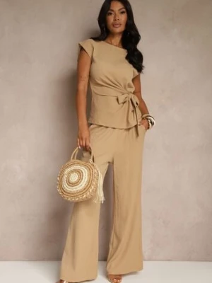 Beżowy Komplet Spodnie o Szerokim Kroju Bluzka Ozdobiona Wiązaniem Halunea bisou's project