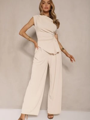 Beżowy Komplet Spodnie o Szerokim Kroju i Asymetryczna Bluzka z Marszczeniem Nitara allyson