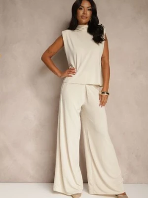 Beżowy Komplet Spodnie o Szerokim Kroju i Bluzka Ozdobiona Wiązaniem Halomia allyson