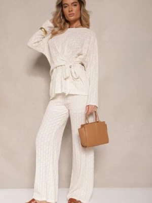 Beżowy Komplet Spodnie o Szerokim Kroju i Bluzka z Wiązaniem w Talii Dilinne jumelle