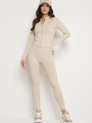 Beżowy Komplet Sportowy Bluza z Wycięciem na Kciuk i Legginsy Redinelle yu & me