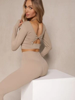 Beżowy Komplet Sportowy Legginsy High Waist i Longsleeve z Ozdobnym Tyłem Dasalle yu & me