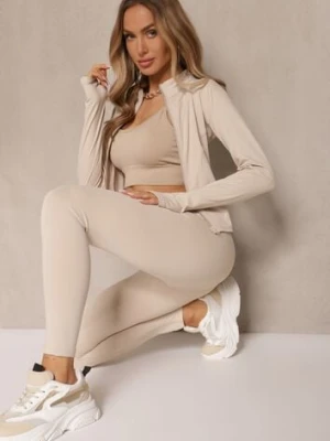 Beżowy Komplet Sportowy Legginsy i Bluza z Wycięciem na Kciuk Redarose yu & me