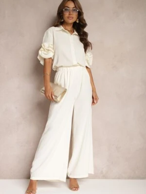 Beżowy Komplet Szerokie Spodnie i Koszula z Falbanami Rivathins