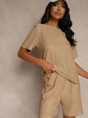 Beżowy Komplet Szorty i Koszulka Ozdobione Tłoczonym Motywem Halienna yu & me