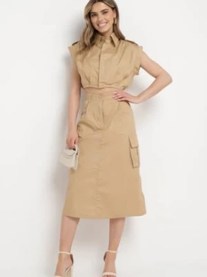 Beżowy Komplet Utility z Krótką Koszulą Bez Rękawów i Spónicą z Kieszeniami Cargo Kelpa elsa.m by may