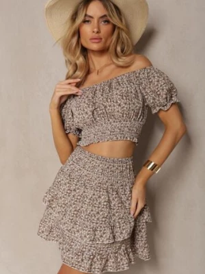 Beżowy Komplet w Kwiaty 2-Częściowy Top w Stylu Hiszpanki i Spódnica z Falbanką Crispa