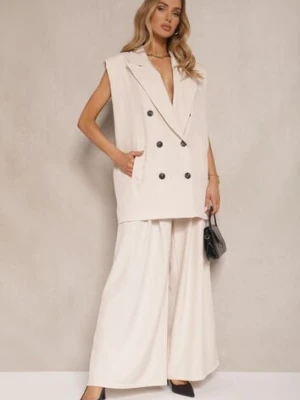 Beżowy Komplet w Stylu Garniturowym z Oversizową Kamizelką i Spodniami Edivoria jumelle