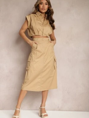 Beżowy Komplet w Stylu Utility Koszula Cropped Bez Rękawów i Spódnica z Kieszeniami Notcha elsa.m by may