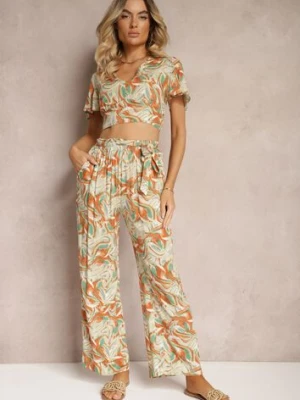 Beżowy Komplet z Bawełny Krótki Top o Koszulowym Kroju Spodnie z Gumką i Wiązaniem Areadia