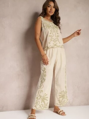 Beżowy Komplet z Bawełny Ozdobiony Haftem Długie Spodnie i Bluzka Bez Rękawów Kerceria