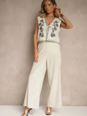 Beżowy Komplet z Bawełny Spodnie o Szerokim Kroju i Haftowana Kamizelka Ralissele rosa