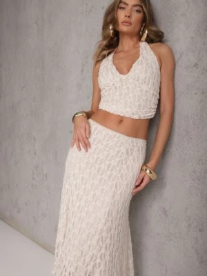 Beżowy Komplet z Koronki Spódnica i Top z Wiązaniem na Szyi Dainetia allyson