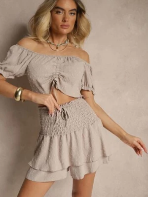 Beżowy Komplet z Ozdobnym Tłoczeniem Spódnico-Spodenki i Bluzka Hiszpanka Sarilessa defox