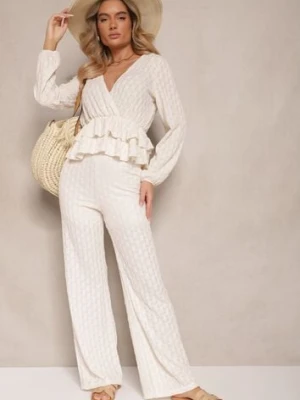 Beżowy Komplet z Tłoczeniami Bluzka z Falbaną i Szerokie Spodnie Kilinne jumelle