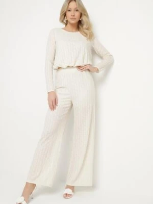 Beżowy Komplet z Tłoczonej Tkaniny Szerokie Spodnie i Bufiasta Bluzka Calloti jumelle