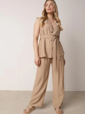 Beżowy Komplet z Topem o Fasonie Kamizelki z Paskiem i Szerokimi Spodniami z Wiskozą Zarinesh cflo