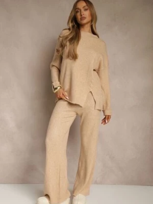 Beżowy Komplet z Wełną i Bawełną Sweter z Guzikami i Szerokie Spodnie Reinelia