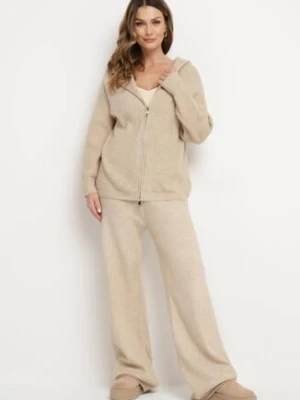 Beżowy Komplet z Wełną i Bawełną Szerokie Spodnie i Rozpinana Bluzka z Kapturem Reikania