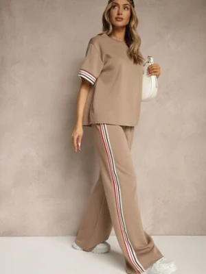 Beżowy Komplet z Wiskozą Bluzka Ozdobiona Paskami i Szerokie Spodnie Nilassea new collection