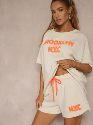 Beżowy Komplet z Wiskozą o Fasonie Oversize T-shirt i Szorty Lirafina jumelle