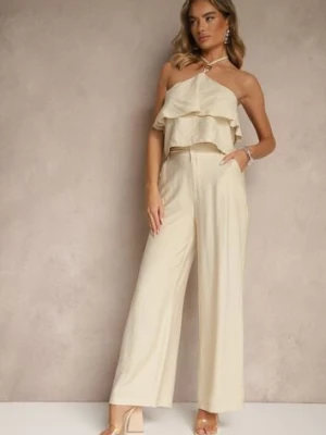 Beżowy Komplet z Wiskozą Spodnie i Bluzka z Aplikacją i Falbaną Dolirela ann gissy