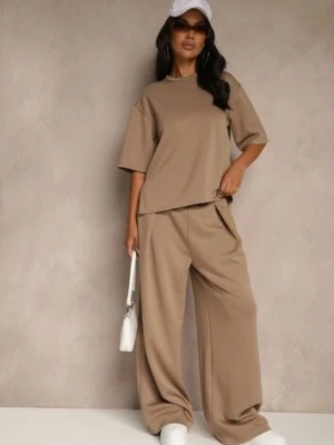 Beżowy Komplet z Wiskozą Spodnie z Szeroką Nogawką i T-shirt Nalioma lovery