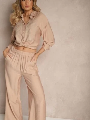 Beżowy Komplet z Wiskozą Szerokie Spodnie i Koszula z Haftem Etno Nolabina