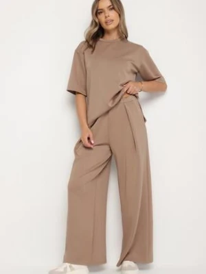 Beżowy Komplet z Wiskozą T-shirt i Szerokie Spodnie Naliassa lovery