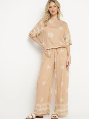 Beżowy Komplet z Wiskozą w Stylu Rustykalnym Bluzka i Szerokie Spodnie Ronilae j&x