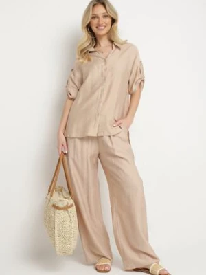 Beżowy Komplet z Wiskozy Koszula z Podpinanymi Rękawami i Szerokie Spodnie Dormoi defox