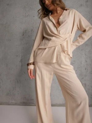 Beżowy Komplet z Wiskozy Spodnie Szerokie i Koszula z Ozdobnym Materiałem Airial