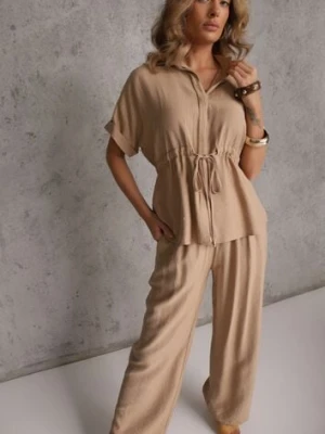 Beżowy Komplet z Wiskozy Spodnie Wide Leg i Bluzka ze Ściągaczem w Talii Daemnell cflo