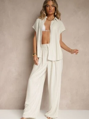 Beżowy Komplet z Wiskozy w Prążki Koszula na Krótki Rękaw ze Spodniami Fenlina