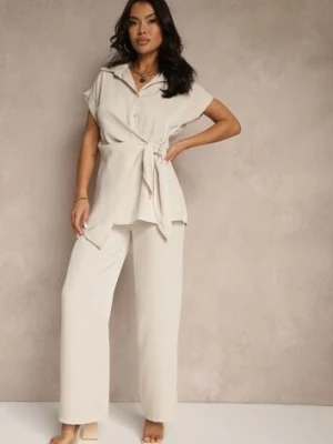 Beżowy Komplet ze Spodniami o Szerokim Kroju i Koszulą z Ozdobnym Wiązaniem Filaniella allyson