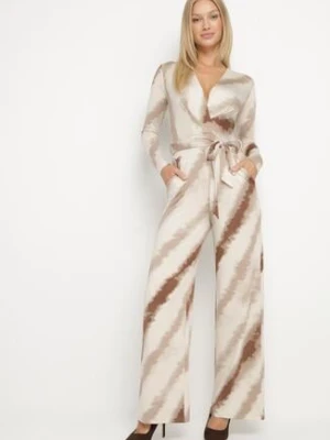 Beżowy Kopertowy Kombinezon w Paski z Prostymi Nogawkami i Paskiem Aselle by swan