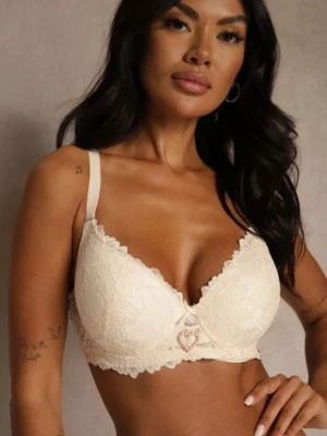 Beżowy Koronkowy Biustonosz Ozdobiony Cyrkoniowym Sercem Bothilei